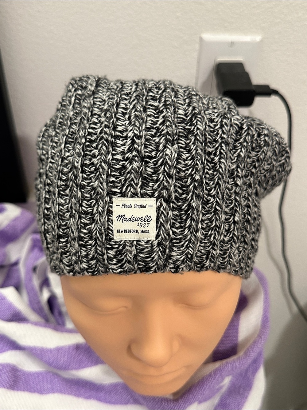 Madewell Black and White Marled Rib Knit Beanie